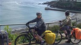 Ash and Zac on East Cliff, Looe, after climbing out of the town, 14.3 miles into the ride